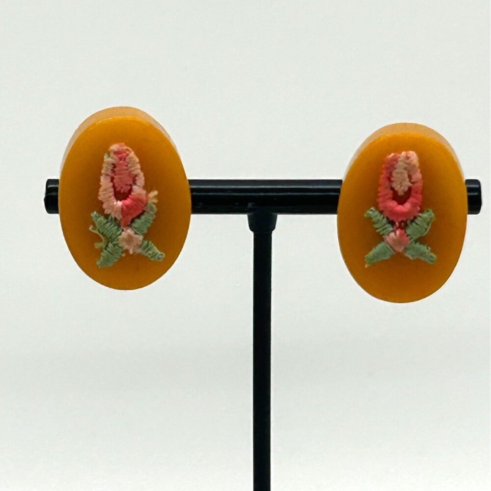 Bakelite Clip-On Earrings  Butterscotch Pink & Green Embroidered Floral Vintage